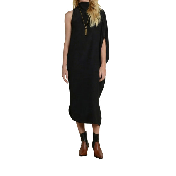 Mockneck sleeveless black midi dress on model, sleeveless mock collar
