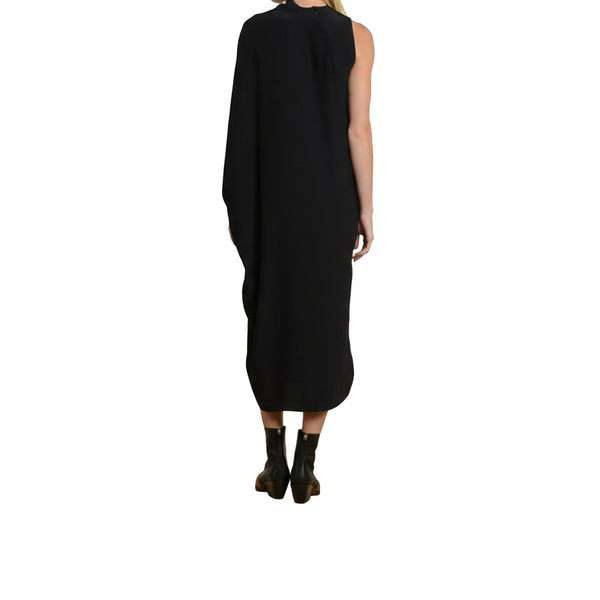 Mockneck sleeveless black midi dress on model, back view
