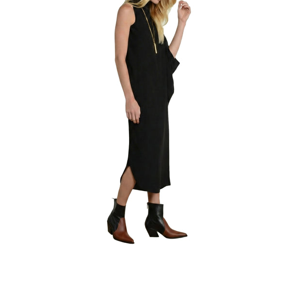 Mockneck sleeveless black midi dress with side slit on model