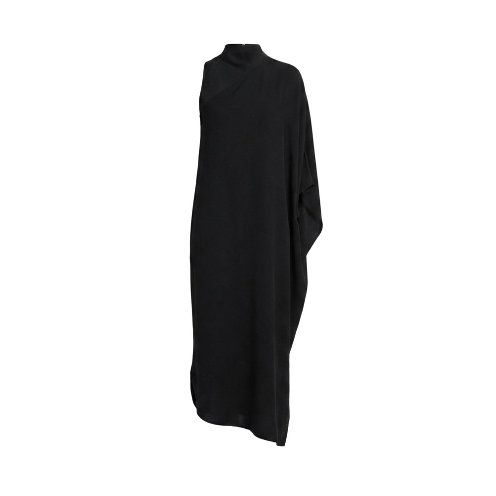 Mockneck sleeveless black dress with draped front, midi length