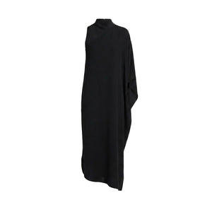 Mockneck sleeveless black dress with draped front, midi length