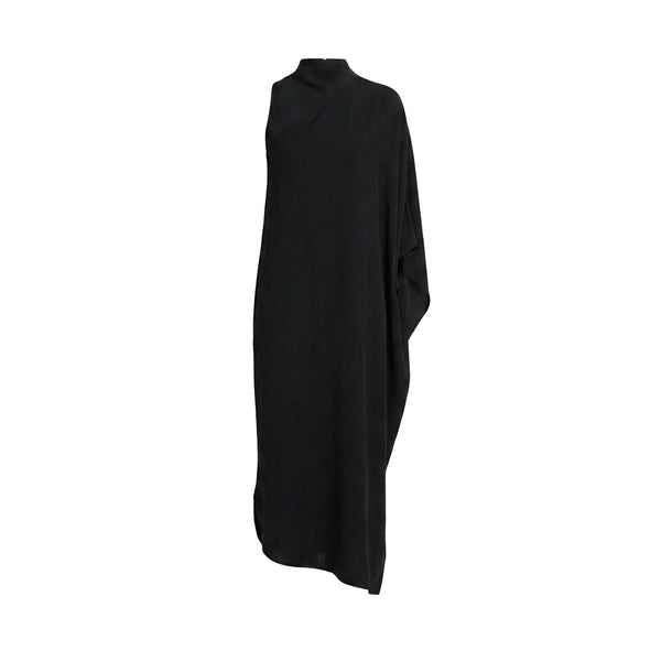 Mockneck sleeveless black dress with draped front, midi length