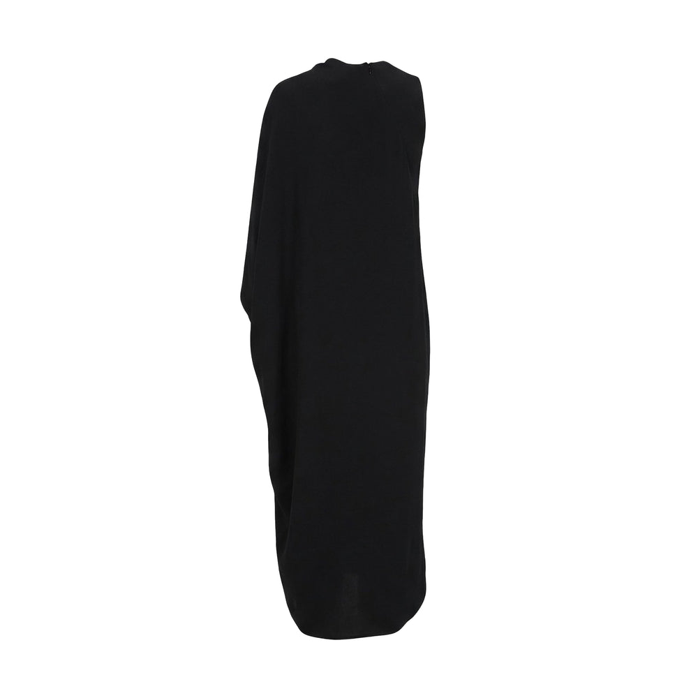 Mockneck sleeveless black dress with draped front, midi length