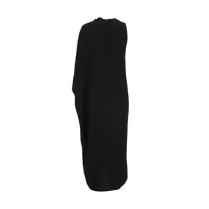 Mockneck sleeveless black dress, straight back view, midi length