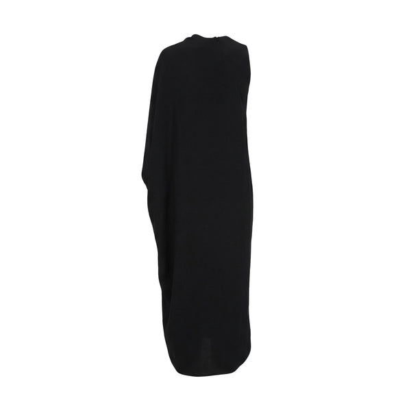 Mockneck sleeveless black dress, straight back view, midi length