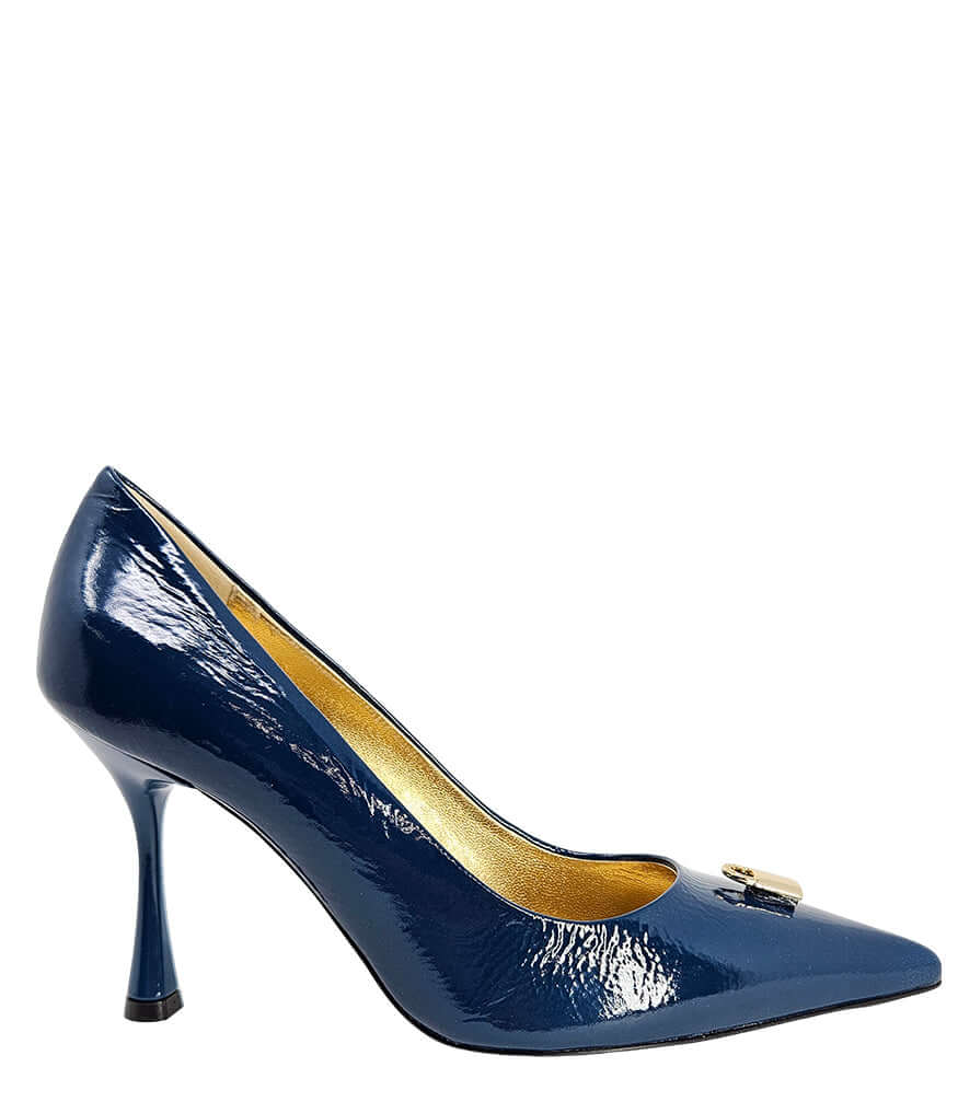 Blue patent leather pump with gold buckle lock detail and high stiletto heel
