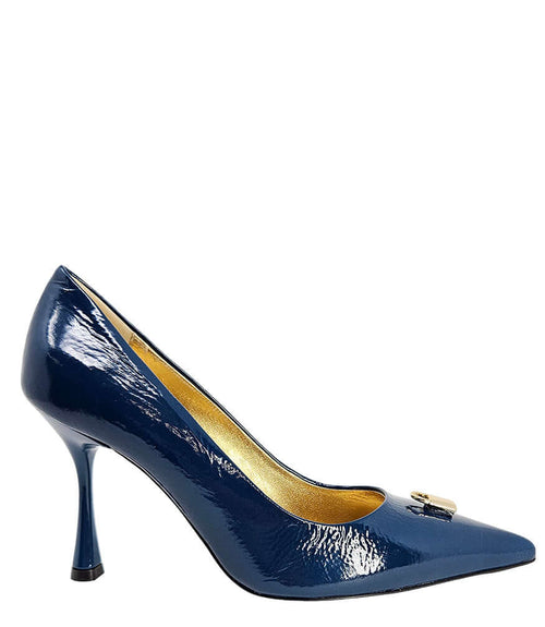 Blue patent leather pump with gold buckle lock detail and high stiletto heel