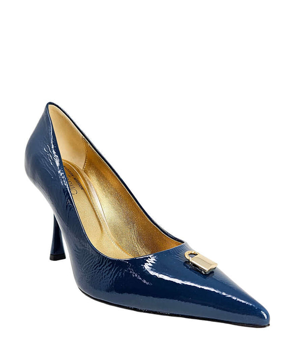 Blue patent leather pointed-toe pump with gold buckle lock and mid-high heel