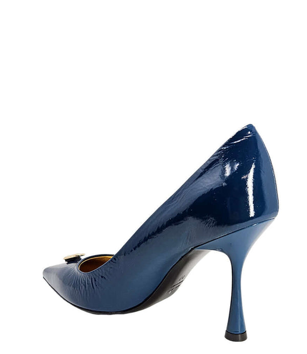 Blue patent leather pointed-toe pump with slim stiletto heel and lock detail
