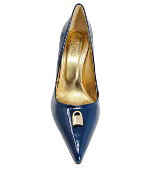 Blue patent leather pointed pump with gold inner lining and gold lock ornament