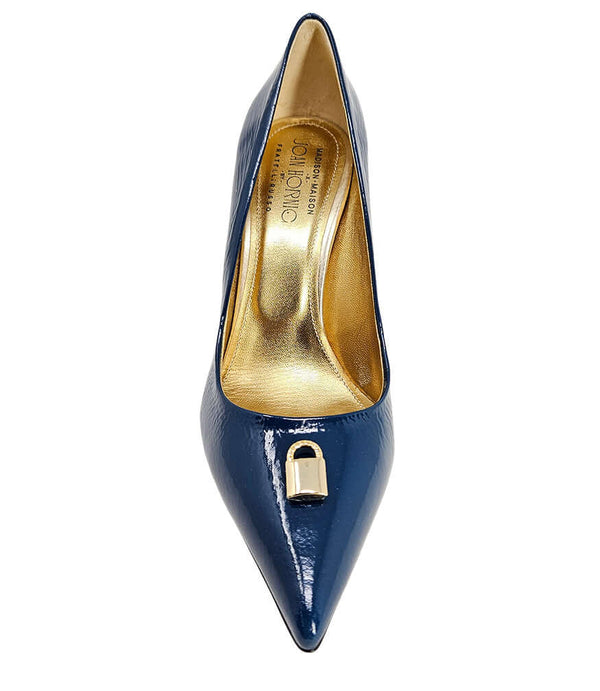 Blue patent leather pointed pump with gold inner lining and gold lock ornament