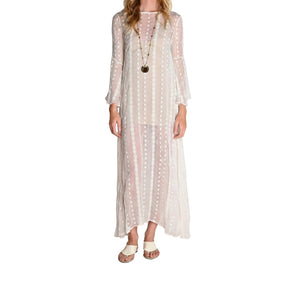 White embroidered silk chiffon maxi dress with semi-sheer sleeves and vertical dot pattern