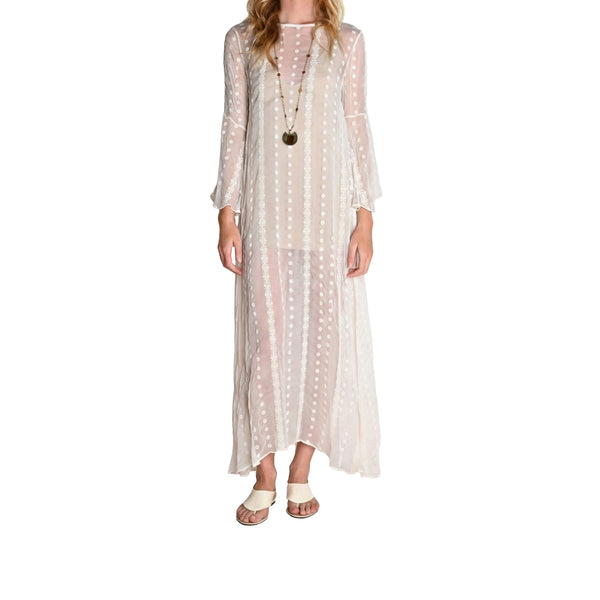 White embroidered silk chiffon maxi dress with semi-sheer sleeves and vertical dot pattern