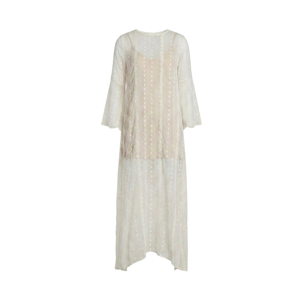White embroidered silk chiffon boho dress, long sleeve style, flowing asymmetrical hem
