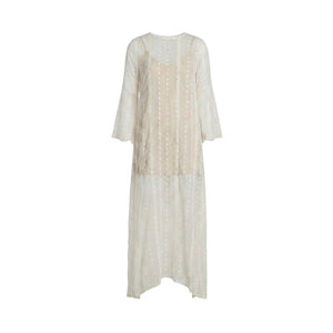 White embroidered silk chiffon boho dress, long sleeve style, flowing asymmetrical hem
