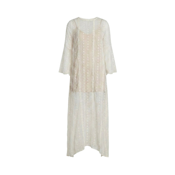 White embroidered silk chiffon boho dress, long sleeve style, flowing asymmetrical hem
