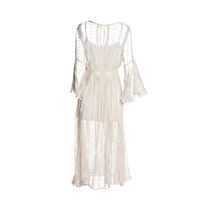 White embroidered silk chiffon boho dress with tiered skirt, V-back, 3/4 sleeves