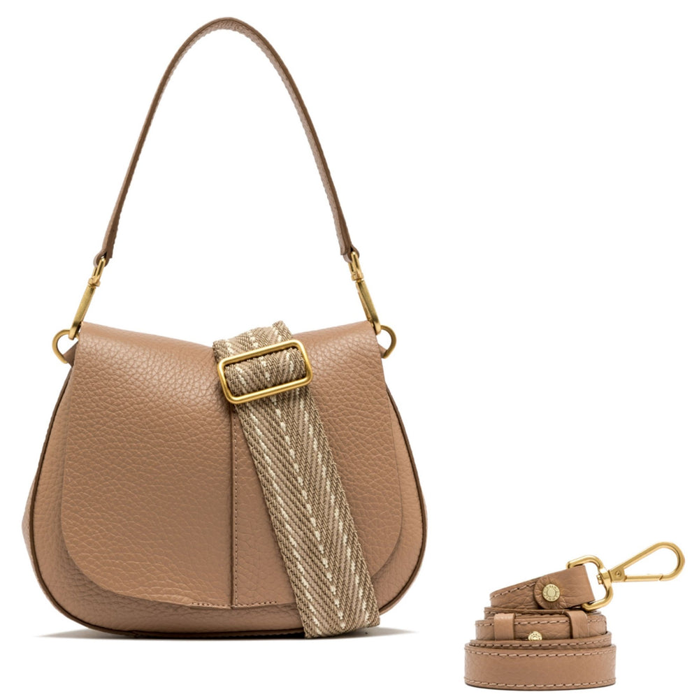 Nude leather round shoulder bag with adjustable strap, front buckle and flap