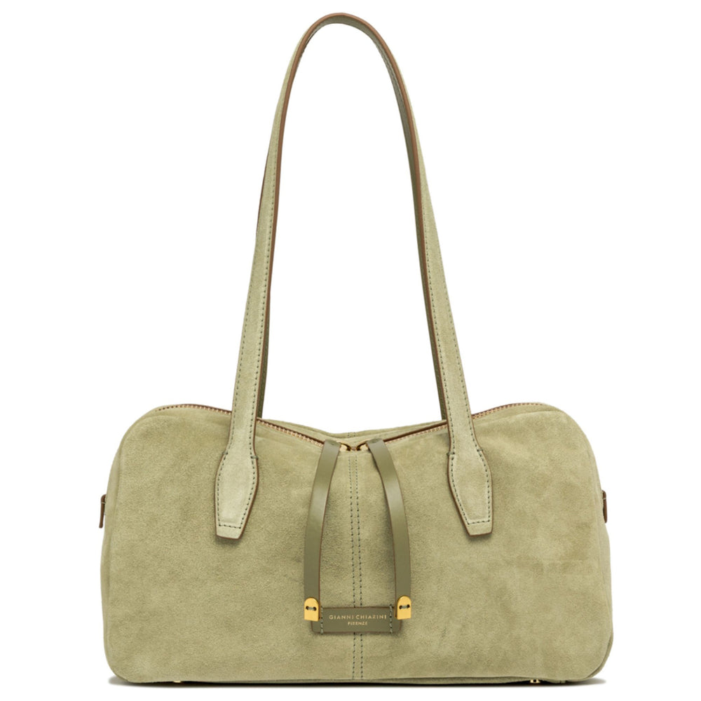 Light green leather satchel with two top handles and center clasp front