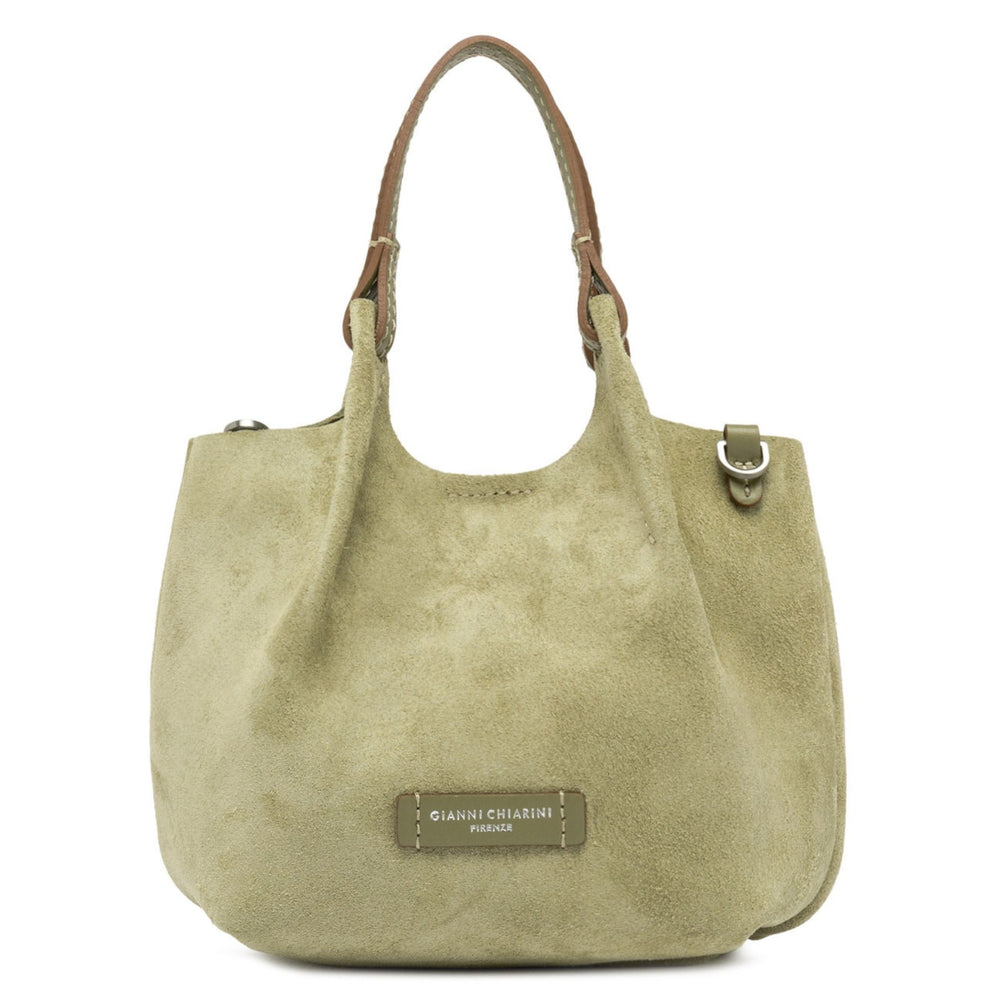 Light green leather mini hobo bag with detachable strap and logo plaque