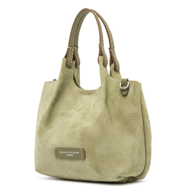 Light green leather mini hobo bag front view with logo plaque and top handles
