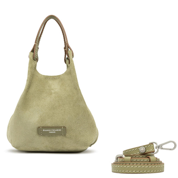 Light green leather mini hobo bag with detachable strap and logo plaque