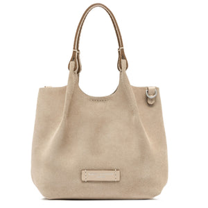 Nude mini hobo bag with top handles, snap-closure, and stitched leather details