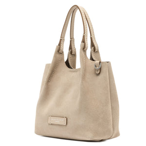 Nude mini hobo bag with top handles and front logo patch