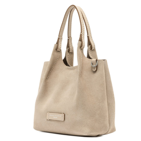 Nude mini hobo bag with top handles and front logo patch