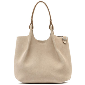 Nude mini hobo bag with top handles and side hardware loops