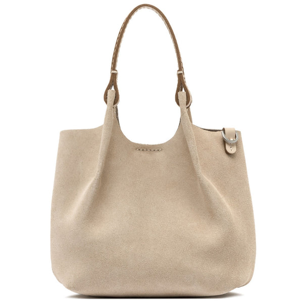 Nude mini hobo bag with top handles and side hardware loops