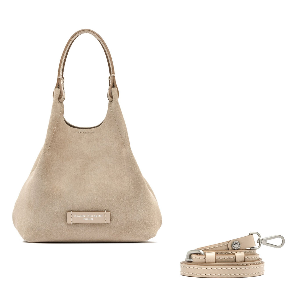 Nude mini hobo bag with top handles and detachable crossbody strap