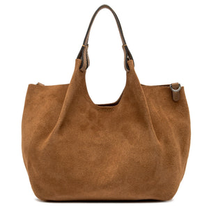 Caramel leather hobo bag with wide handles and metal clasp at side, suede texture