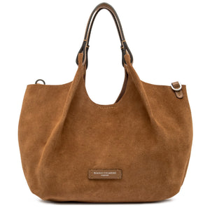 Caramel leather hobo bag with open top, side rings, and front logo patch