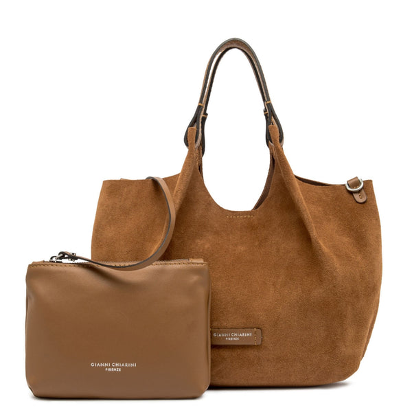 Caramel leather hobo bag with detachable matching zip pouch and front logo patch