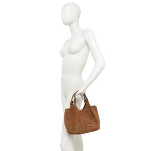 Caramel leather hobo bag on mannequin with compact shape and short top handles