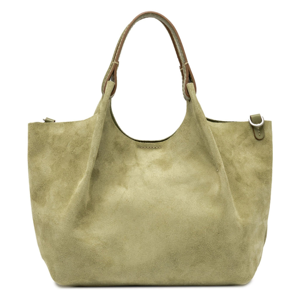Light green suede mini hobo bag with front logo patch and detachable shoulder strap.