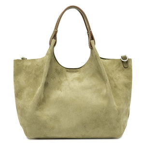 Light green suede mini hobo bag with top handles and magnetic snap closure.