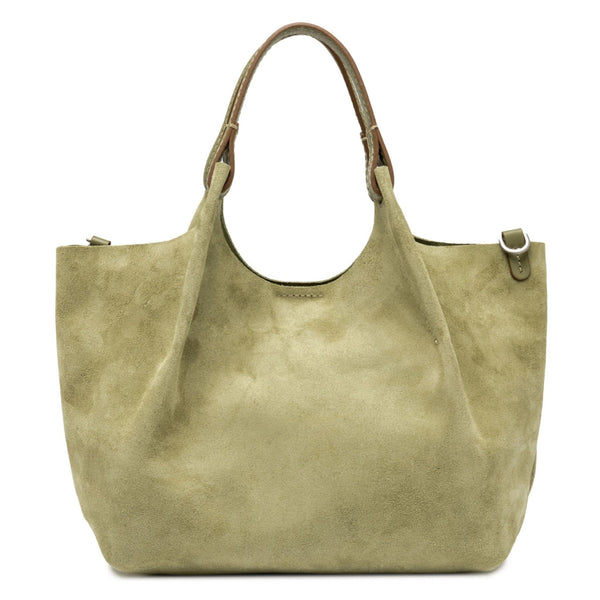 Light green suede mini hobo bag with top handles and magnetic snap closure.