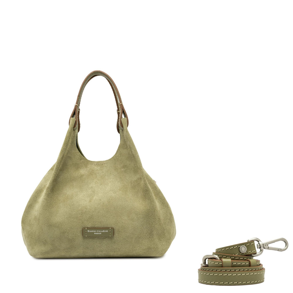Light green suede mini hobo bag with front logo patch and detachable shoulder strap.