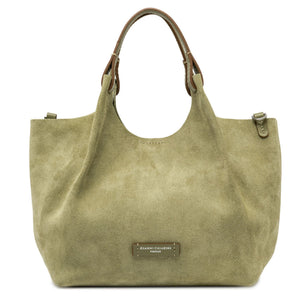 Light green suede mini hobo bag with front logo patch and rounded top handles.