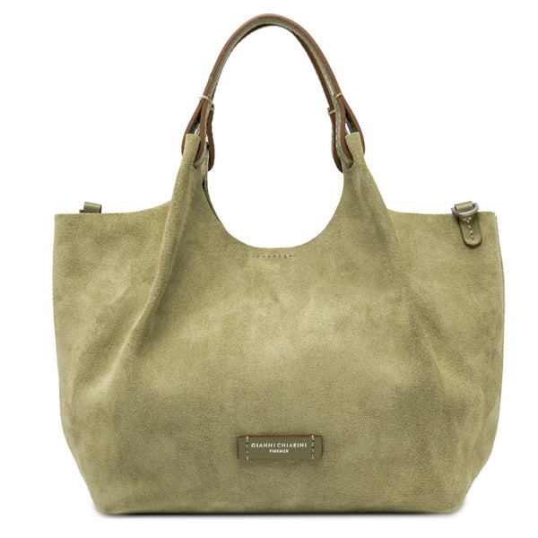 Light green suede mini hobo bag with front logo patch and rounded top handles.