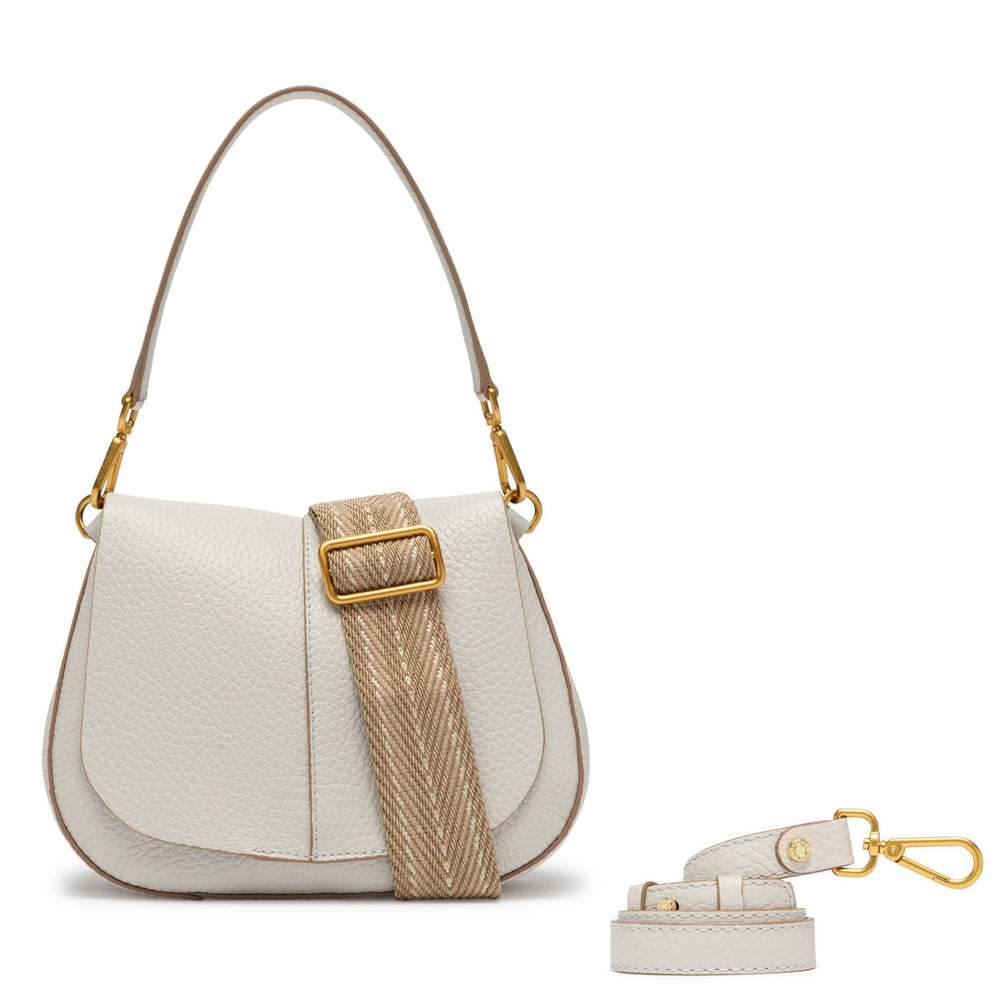 Off-white leather round shoulder bag with gold-tone hardware and adjustable crossbody strap