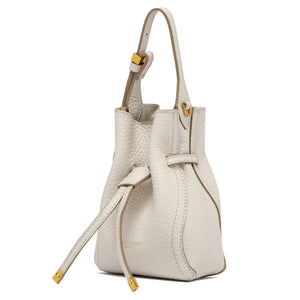 Off-white leather bucket bag with adjustable shoulder strap, drawstring closure, front pocket