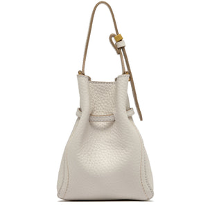 Off-white leather bucket bag with rounded shape, drawstring top, long shoulder strap