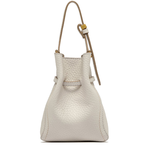Off-white leather bucket bag with rounded shape, drawstring top, long shoulder strap