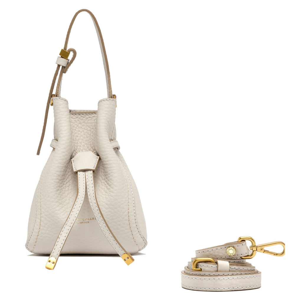 Off-white leather bucket bag with long strap and gold-tone hardware, drawstring closure