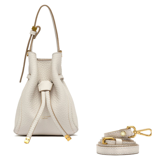 Off-white leather bucket bag with long strap and gold-tone hardware, drawstring closure