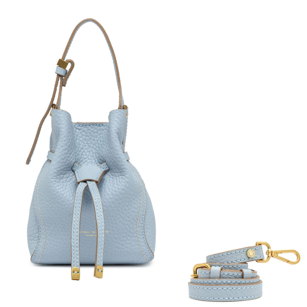 Light blue leather bucket bag with drawstring and detachable crossbody strap, gold hardware