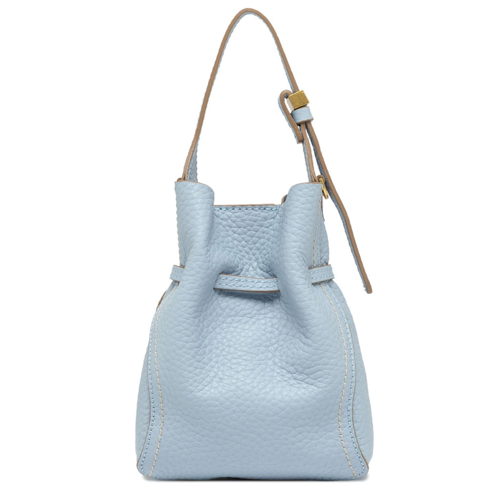 Light blue leather bucket bag with drawstring and detachable crossbody strap, gold hardware
